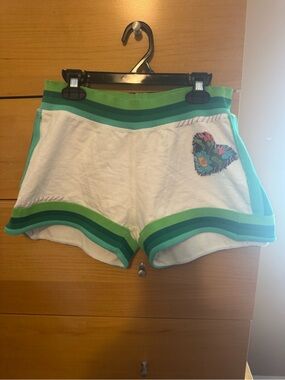White & Green Trim Women's Athletic Shorts with Heart Patch